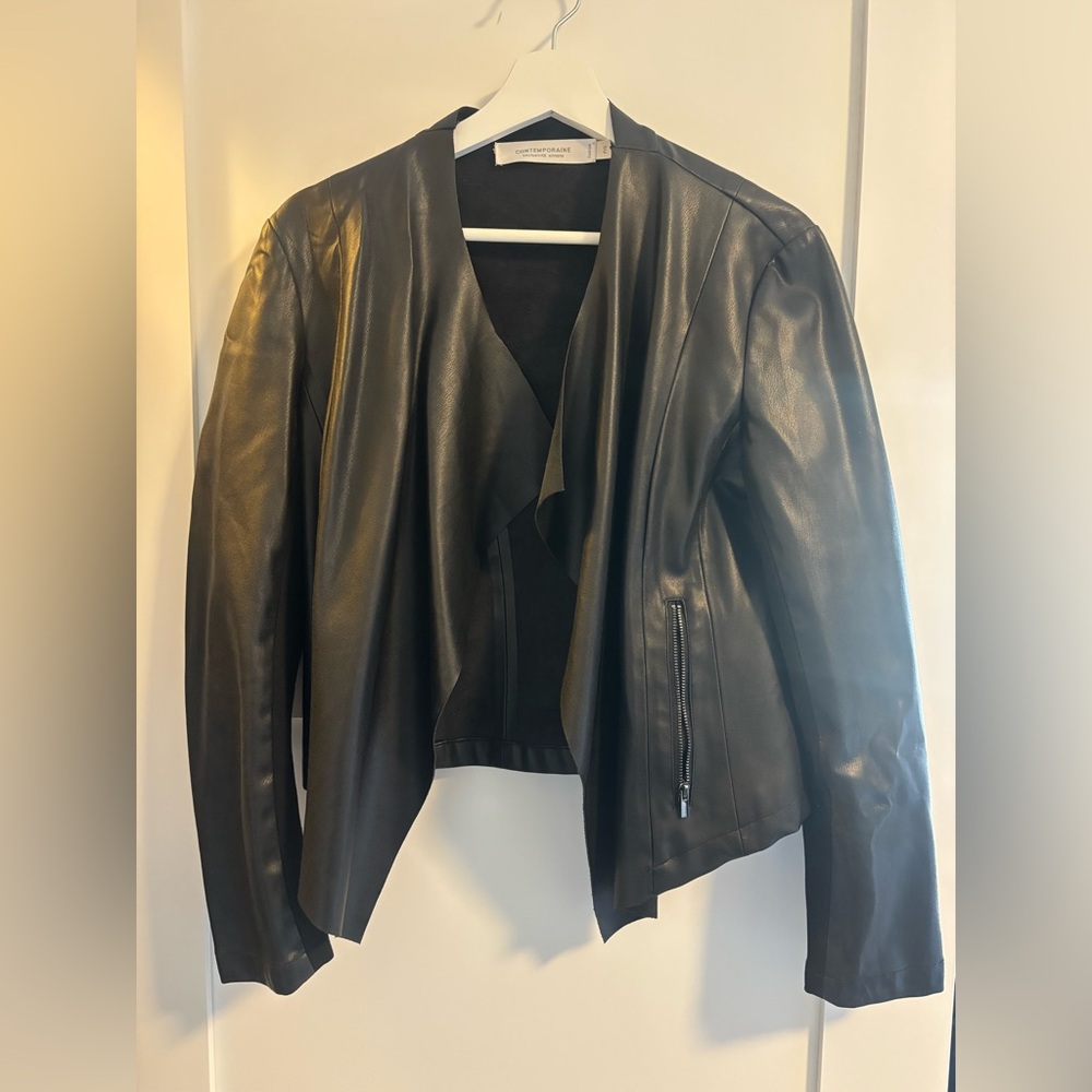 Canadian Brand Simon’s Contemporaine Black Open Front Leather Jacket